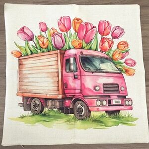 Tulip Truck- Pink and Green Throw Pillow Cover 18” x 18”